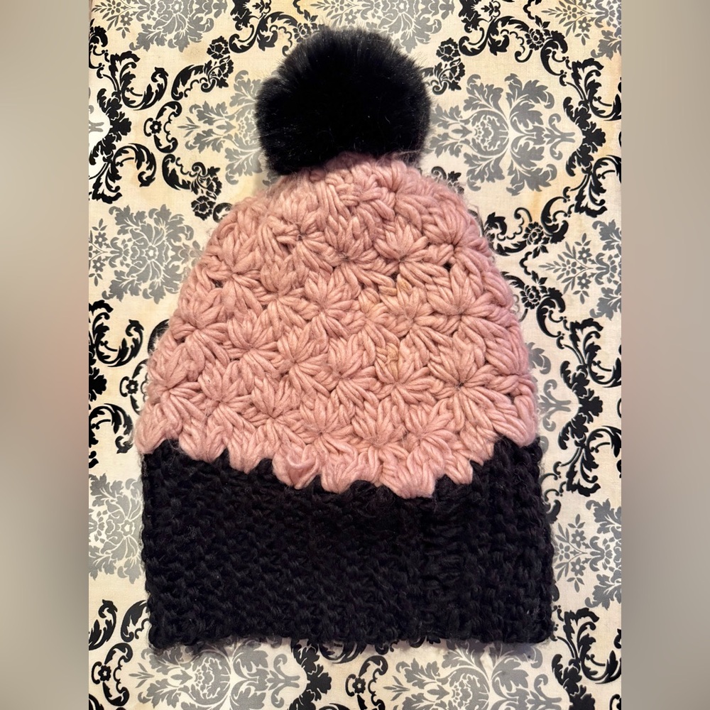 Pink and Black Knit Beanie Touque with Pom Pom